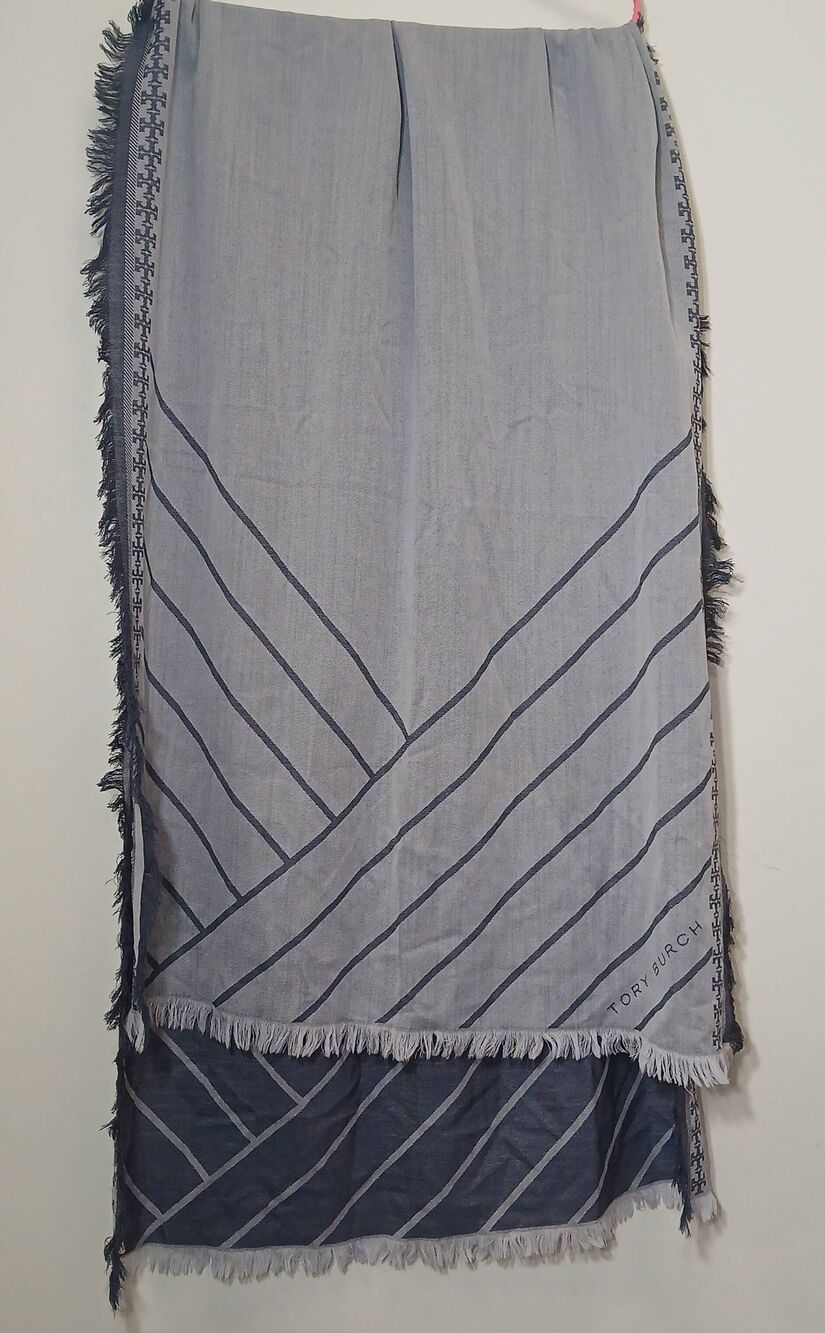 Tory burch womens long wide oversized scarf wool cotton blue reversible gray